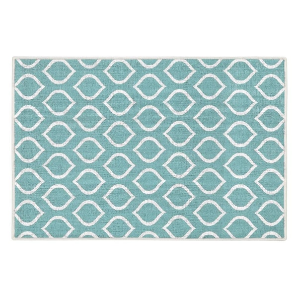 Drop Cotton Light Teal 2 ft. x 3 ft. Thin Non Slip Indoor Area Rug or Front Door Foyer Rug for Entryway