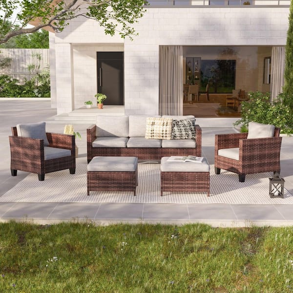 5-Piece Outdoor Patio Conversation Set Widened Back and Arm Brown Rattan 3-Seat Sofa 2-Ottomans, Navy Blue