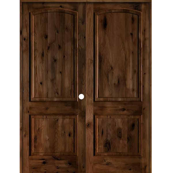 Krosswood Doors 48 in. x 96 in. Rustic Knotty Alder 2-Panel Left Handed Provincial Stain Wood Double Prehung Interior Door with Arch-Top