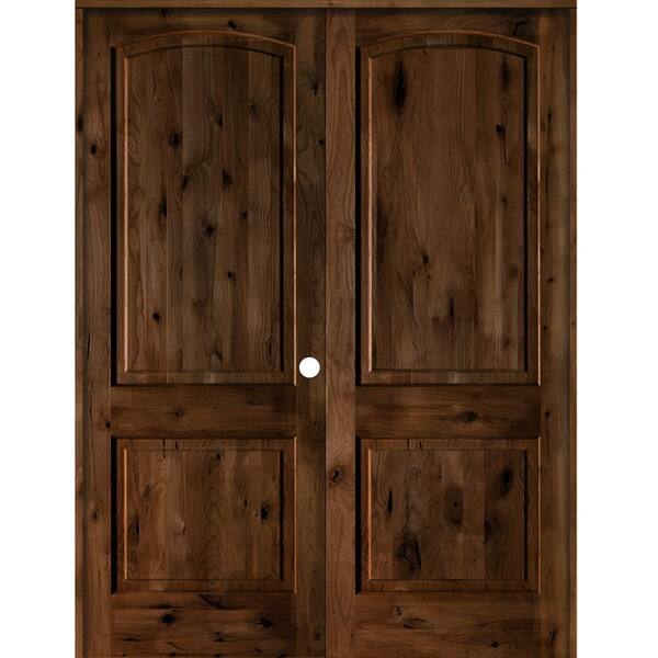 Krosswood Doors 56 in. x 96 in. Rustic Knotty Alder 2-Panel Left Handed Provincial Stain Wood Double Prehung Interior Door with Arch-Top