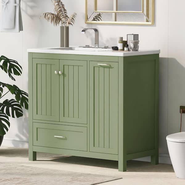 Qualler 36 in. W x 18.3 in. D x 33.9 in. H Single Sink Freestanding Bath Vanity in Green with White Ceramic Top