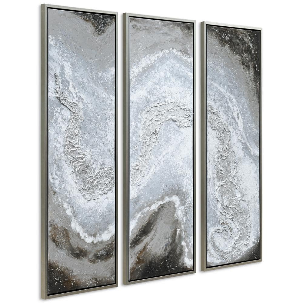 Iced Textured Abstract Triptych Oil Painting with Champagne Frame