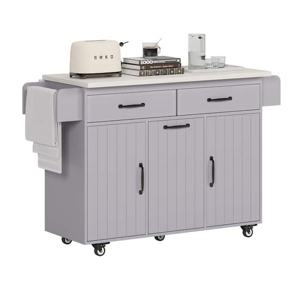 Polibi Gray Wood 51.06 in. Kitchen Island with Trash Can Storage Cabinet, Drop Leaf, Spice Rack, Towel Rack and Drawer