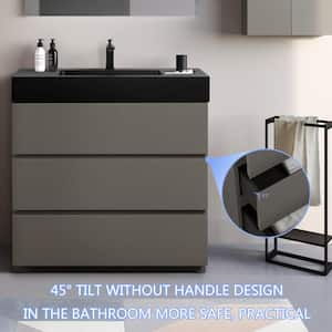 Large Storage 36 in. W x 18.1 in. D x 37 in. H Single Sink Freestanding Bath Vanity in Gray with Black Solid Surface Top