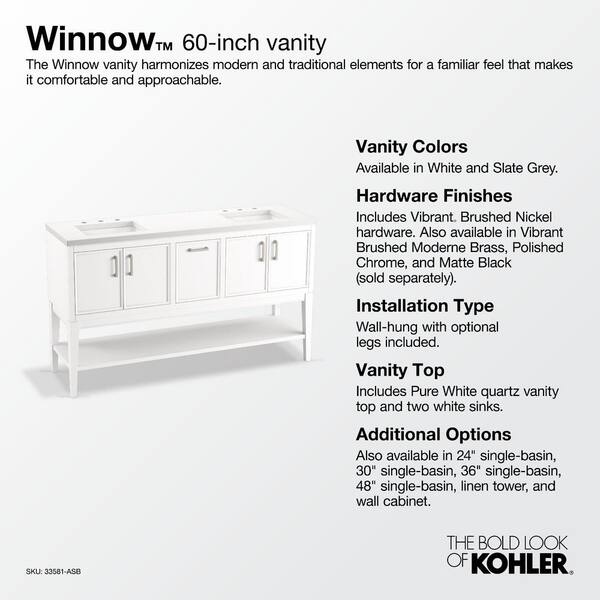KOHLER Winnow 60.13in. Double Sink Freestanding White Bath Vanity with White Quartz Top Assembled