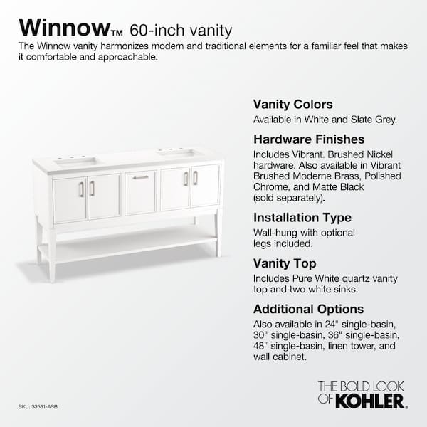 KOHLER Winnow 60in. Double Sink Freestanding Slate Grey Bath Vanity with White Quartz Top Assembled