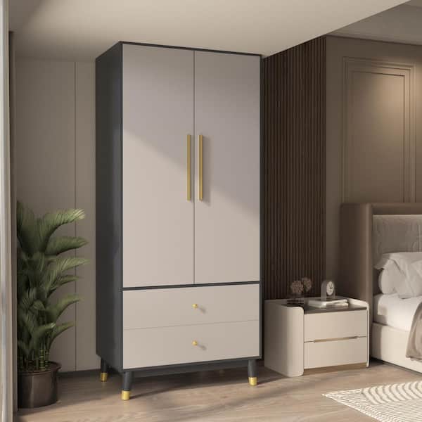 FUFU&GAGA Gray Armoire with 2-Drawers, Hanging Rod and Gold Metal Handles 70.9 in. H x 19.1 in. W x 31.5 in. D