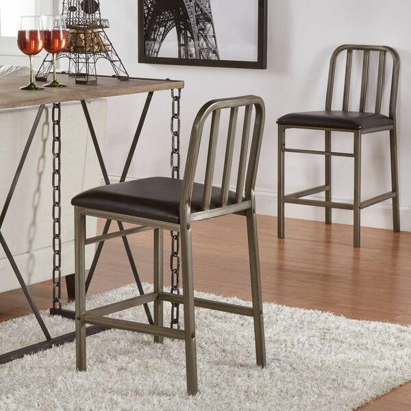 HomeSullivan Philco Industrial Metal and Faux Leather Counter Chair in Brushed Grey (Set of 2)
