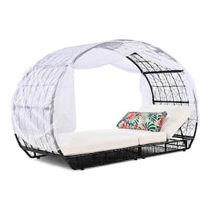 Black Wicker Outdoor Day Bed with Beige Cushion, Curtain, Sunbed, Colorful Pillow, Adjustable Lounge Chairs Recliners