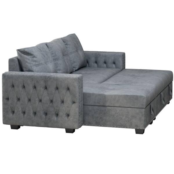 Z-joyee 91 in. Gray Velvet Reversible Sleeper 3-Seat Sectional Sofa Corner  Full Sofa Bed with Storage Square Arm Nailheaded P-S202200430 - The Home  Depot