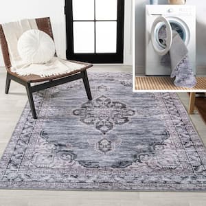 Navy/Gray/Black 3 ft. x 5 ft. Wincer Chenille Cottage Medallion Machine-Washable Area Rug