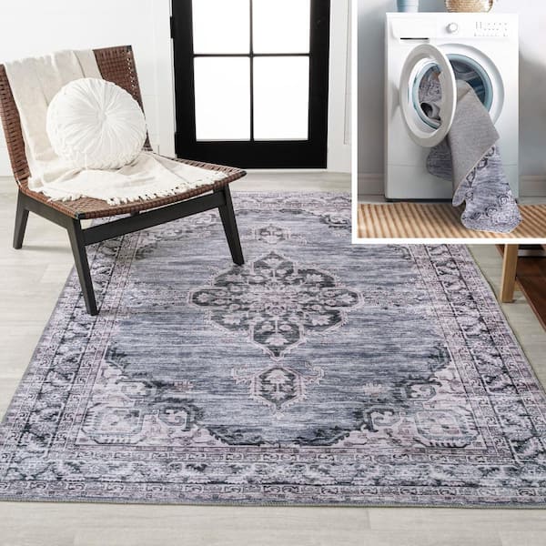 JONATHAN Y Wincer Chenille Cottage Medallion Machine-Washable Navy/Gray/Black 4 ft. x 6 ft. Area Rug