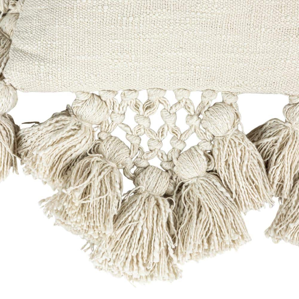 Modern Space-Themed Crochet & Tassel 18" Square Cotton Pillow - Cream