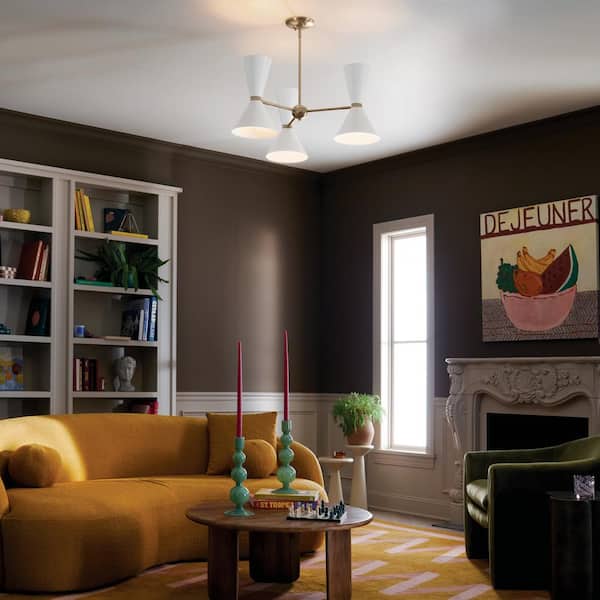 KICHLER Phix 30.75 in. 6-Light Champagne Bronze and White Mid-Century Modern Shaded Chandelier for Dining Room