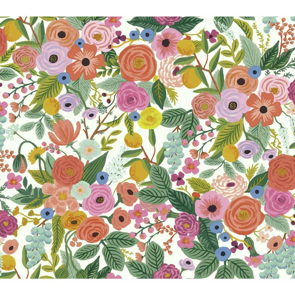 Garden Party Coral Orange Floral & Fruit Wallpaper Roll 27'x27"