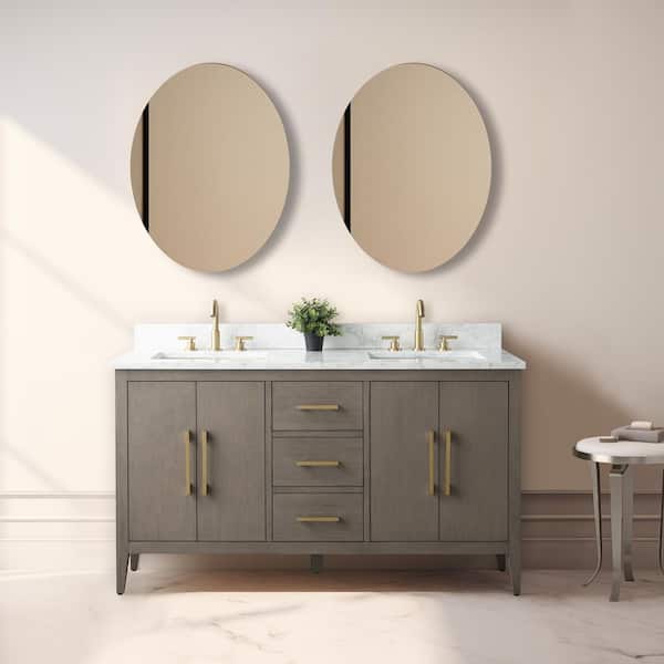 60 in. W x 22 in. D x 34 in. H Double-Sink Bath Vanity in Driftwood Gray with Engineered Marble Top in Arabescato White