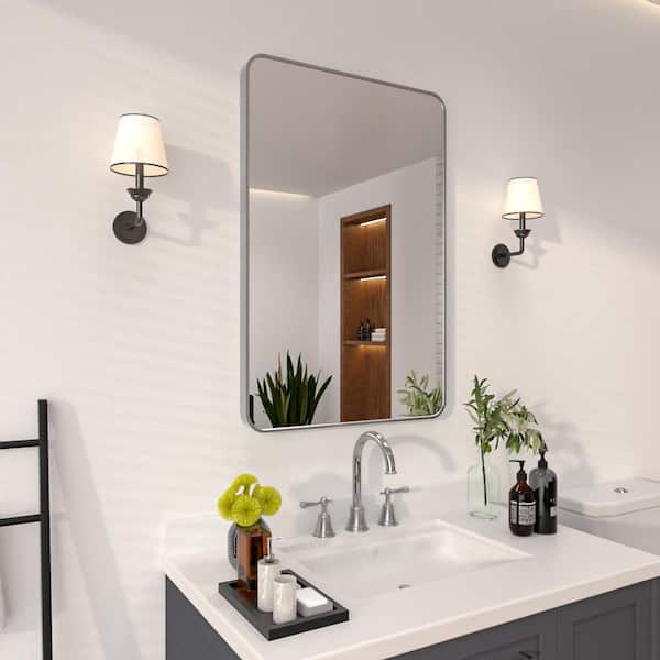 24 in. W x 36 in. H Rectangular Framed Wall Bathroom Vanity Mirror in Gun Grey