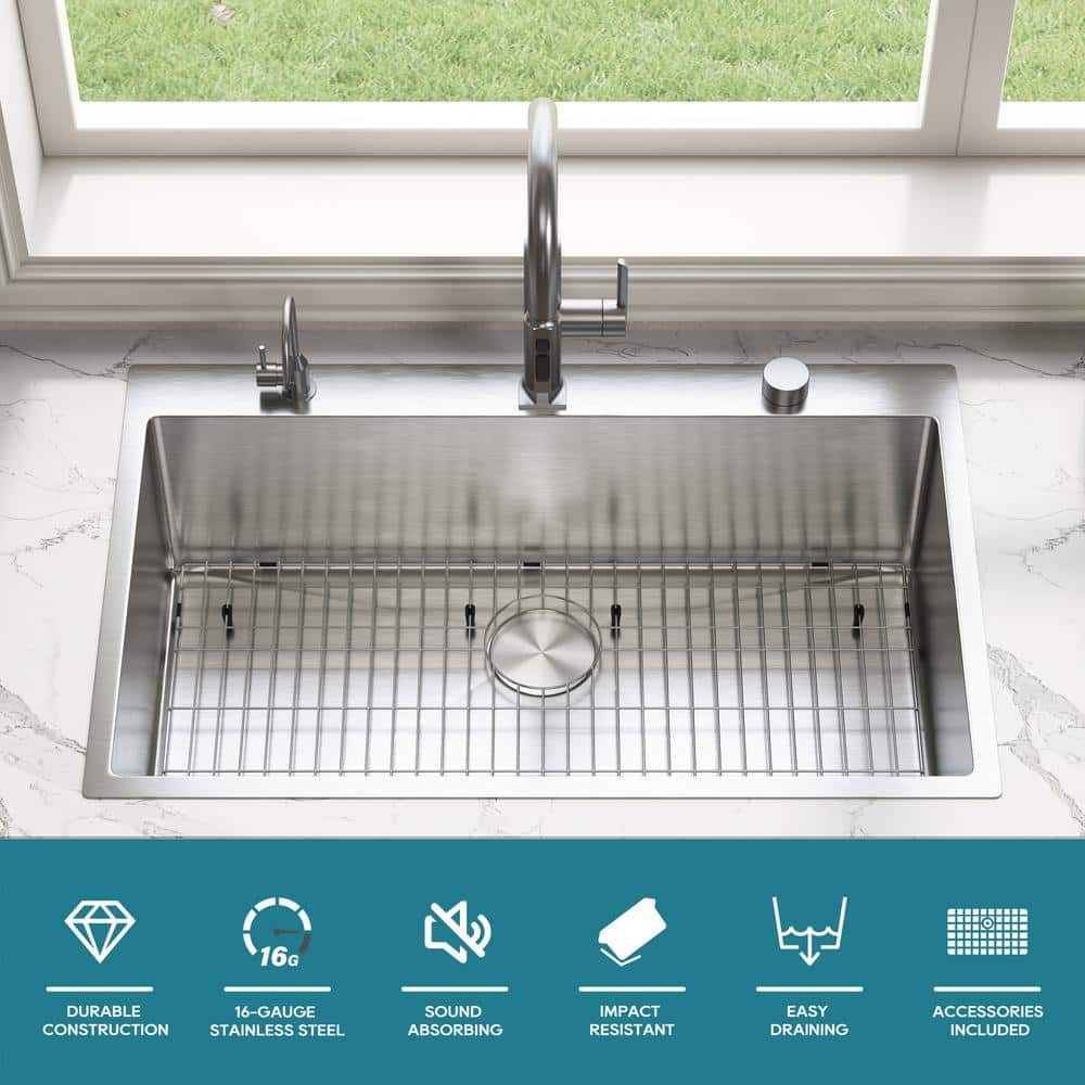 33" Brushed Stainless Steel Single Bowl Drop-In Kitchen Sink with Accessories