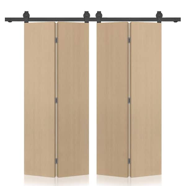 48 in. x 90 in. Hollow Core Oak Composite Textured Double Bi-Fold Door with Sliding Barn Door Hardware Kit