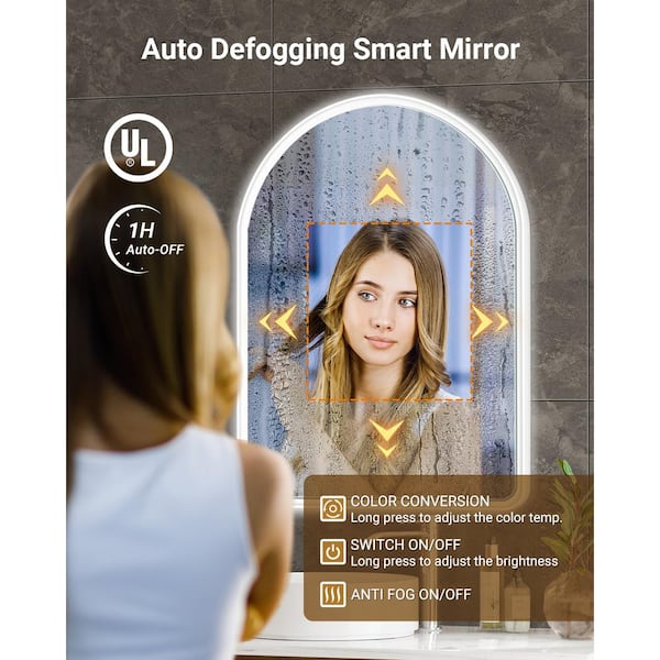 Lindia 24 in. W x 36 in. H Arched Framed Anti-Fog Lighted Wall Mount Bathroom Vanity Mirror in White