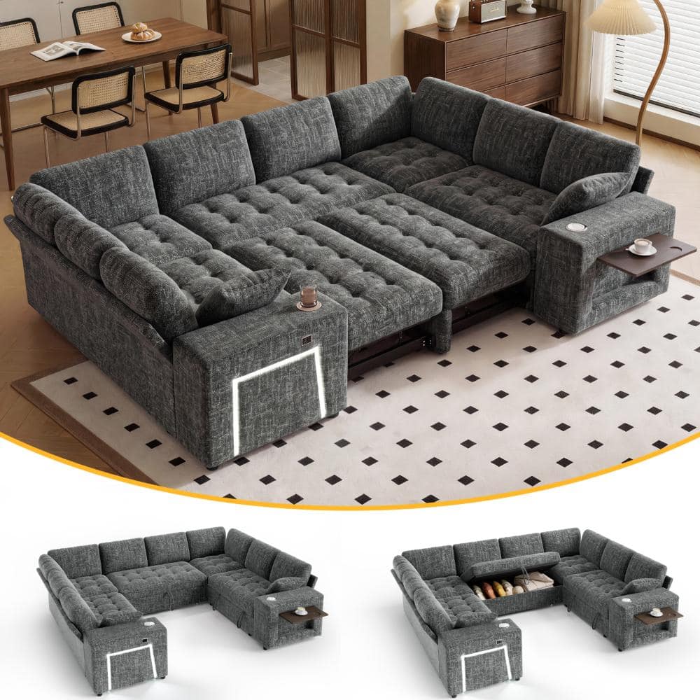 110" 8-Seat Grey Sleeper Sofa Bed with Pull out Bed,U Shaped Modular Sectional Couch for Living Room,Tool-Free Assembly