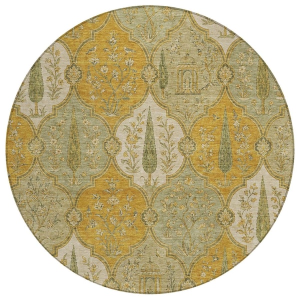 Chantille Machine Washable Indoor/Outdoor Abstract ACN3018 Gold 8 ft. x 8 ft. Round Rug