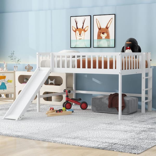 Qualler White Full Size Low Loft Bed with Slide FSUBWM713K - The Home Depot