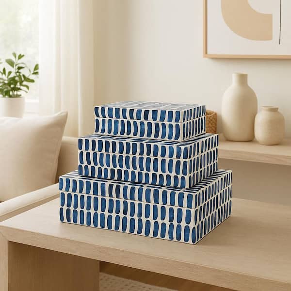 Blue 10/11/12 in. Resin Decorative Boxes with Inlay Pieces (Set of 3)