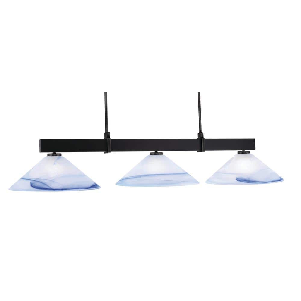 Balmore 3-Light Matte Black Billiard Light with 16 in. Blue Swirl Glass Sha