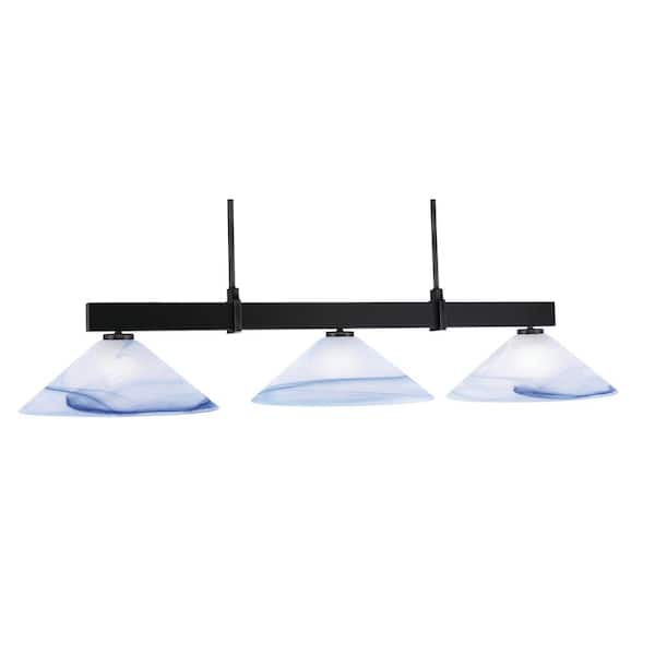 Balmore 3-Light Matte Black Billiard Light with 16 in. Blue Swirl Glass Shades