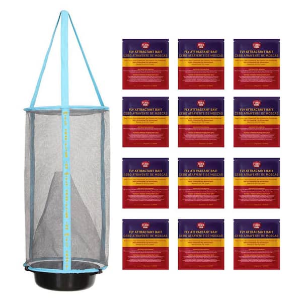 1-Lite Fly Cage Outdoor Fly Trap with 12 Fly Attractant Baits, Low Odor, Reusable, Durable Design