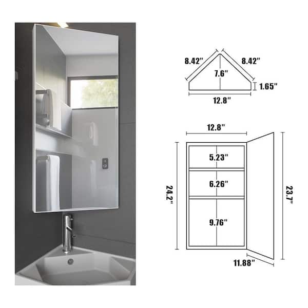 eclife 12.8 in. W x 24.2 in. H Rectangular Single Door Corner Surface Mount Frameless Medicine Cabinet with Mirror in White