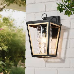 Modern 1-Light Black Gold Outdoor Wall Lantern Sconce with Cylinder Water Wave Glass Shade, Porch Patio Wall Lighting