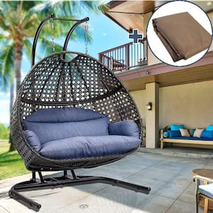 Black Wicker Hanging Double-Seat Patio Swing Chair with Stand and Dark Blue Cushion