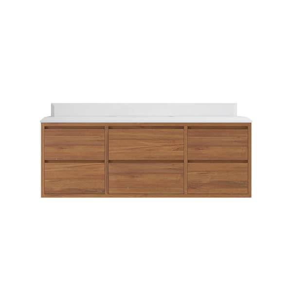 Willow Collections Madison Float 60 in. W x 22 in. D x 36 in. H Single Sink Bath Vanity in Dark Natural with 1.5" White Qt. Top