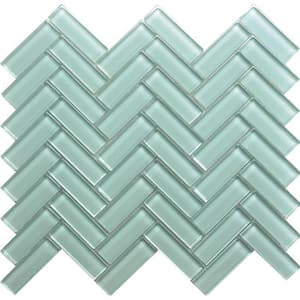 Aqua 11 in. x 12.6 in. Herringbone Polished Glass Mosaic Tile (4.81 sq. ft./Case)