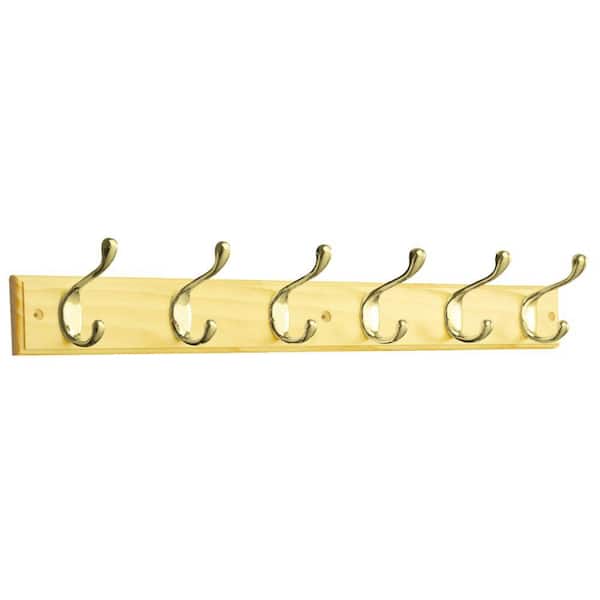 Brainerd 27 in. Pine and Polished Brass Heavy Duty Coat and Hat Hook Rack