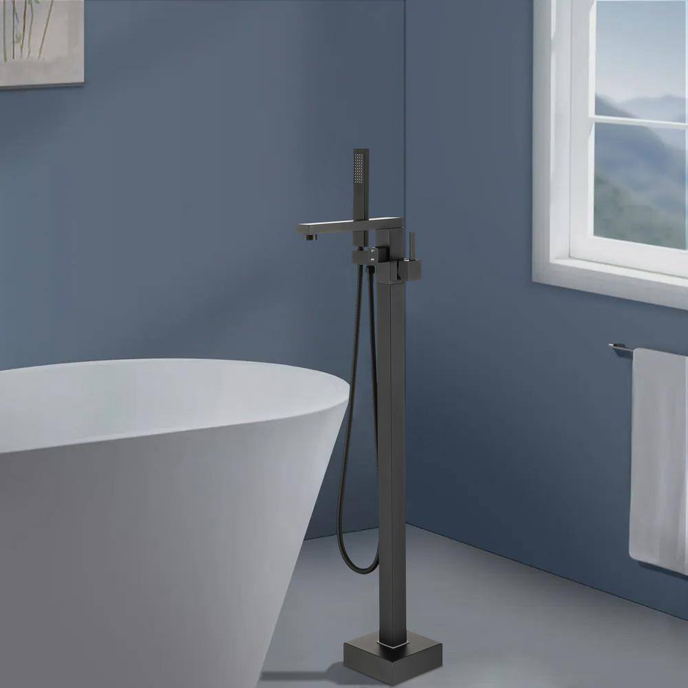 Matte Black Stainless Steel Freestanding Tub Filler with Hand Shower