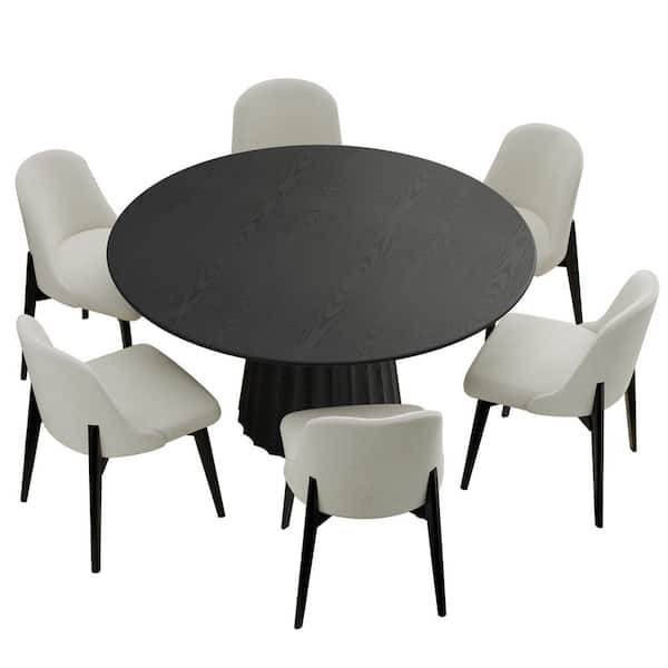 7-Pieces Black Round Wooden Top Dining Table Set 6 Seats with Wood Frame, Upholstered White Ergonomic Dining Chair