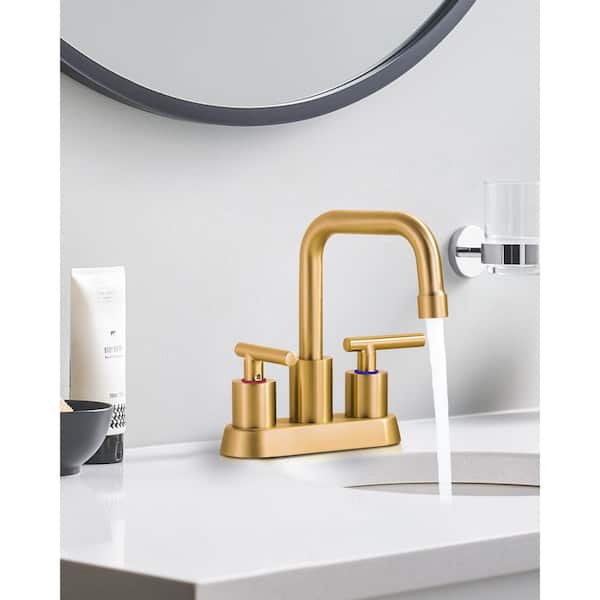 Double Handle 4 in. Centerset High Arc Bathroom Faucet with Pop Up Drain in Gold