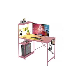 44 in. Rectangular Pink Carbon Fiber Gaming Desk with RGB LED Lights Computer Desk with 4-Tier Storage Shelves and Hook