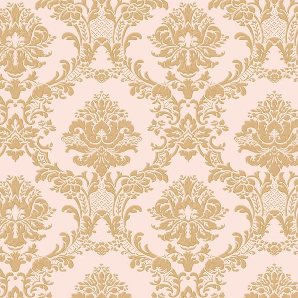 Classic Damask Wallpaper in Metallic Gold and Pink