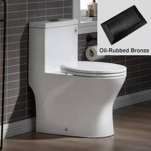 Reo 1-piece 1.1/1.6 GPF Dual Flush Round Toilet in White with Oil Rubbed Bronze Button and Soft-Closed Seat Included