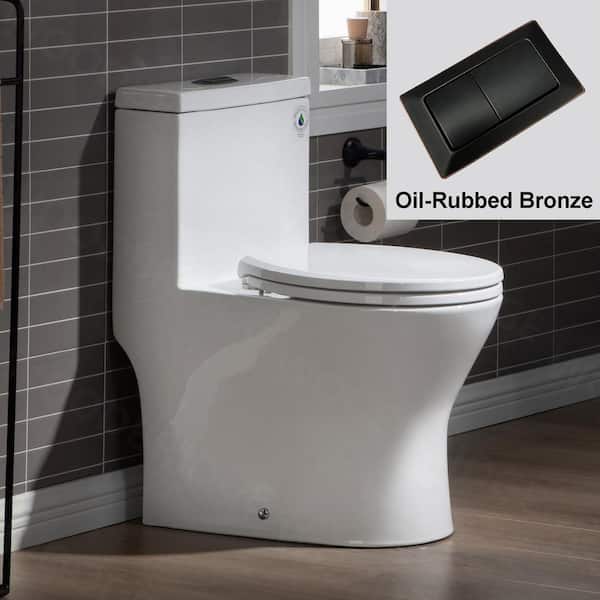 WOODBRIDGE Reo 1-piece 1.1/1.6 GPF Dual Flush Round Toilet in White with Oil Rubbed Bronze Button and Soft-Closed Seat Included
