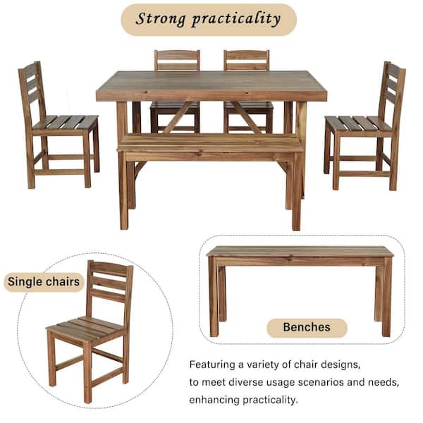 6-Piece Wood Natural Brown Outdoor Dining Set with Table and 5 Chairs for Patios Garden Poolsides