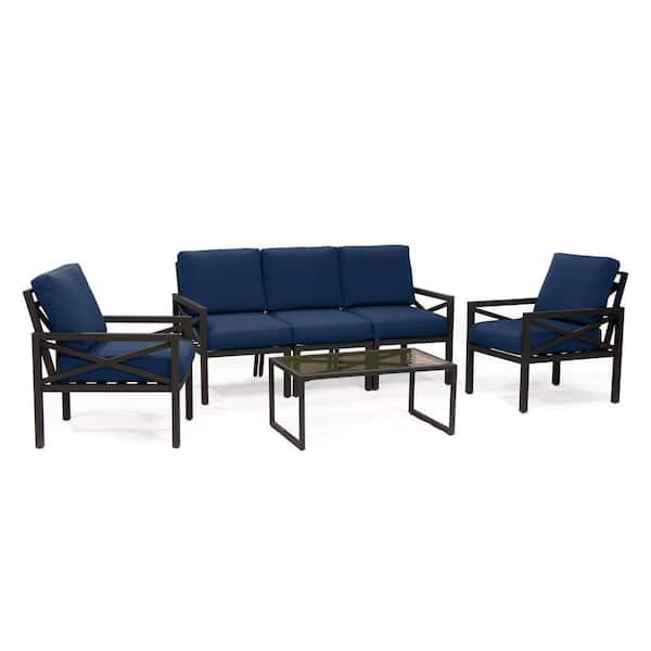 Leisure Made Blakely 6-Piece Aluminum Seating Set with Navy Cushions