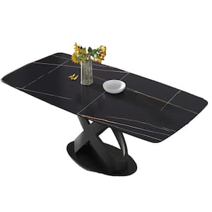 70.87 in. Round Edge Sintered Stone Dining Table with Black Rectangular Tabletop and Black Legs
