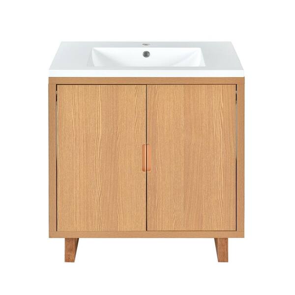FUNKOL 29.5 in. W x 18.1 in. D x 35.1 in. H 1 Sink Freestanding Bath Vanity in Brown with White Resin Top and 2 Doors