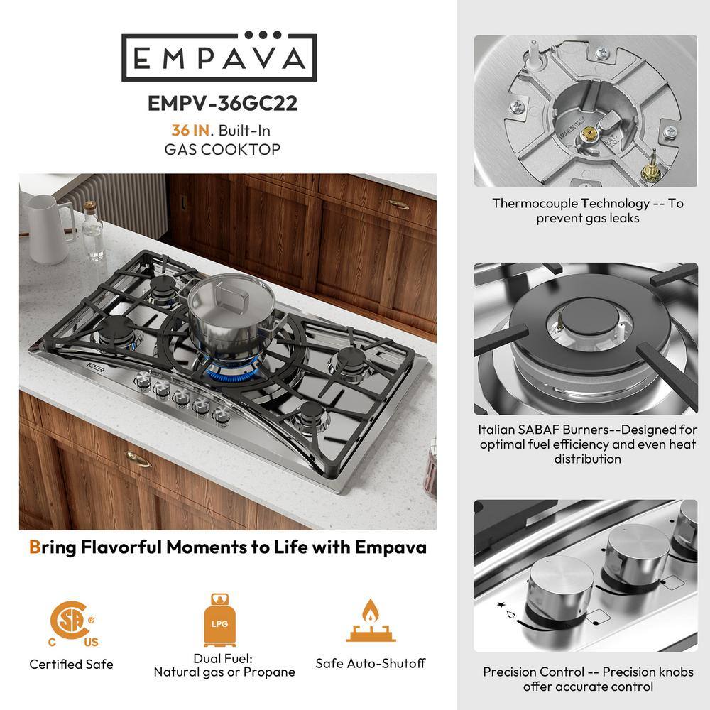 Empava 36" Stainless Steel 5 Burner Gas Cooktop