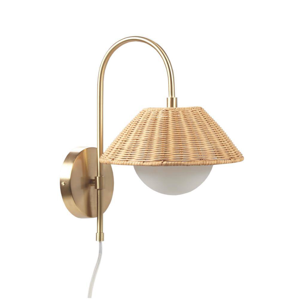 Gold Iron Wall Sconce with Rattan Shade and Frosted Globe